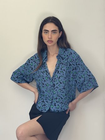 Retrobird Retro Model Bol Kısa Kol Gömlek Kadın Yaban Mersini