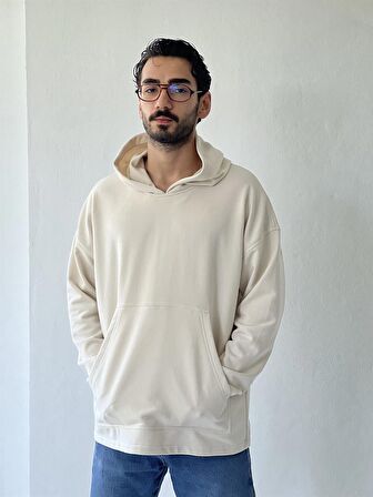 Retrobird Oversize Basic Kapüşonlu Sweatshirt Erkek Bej