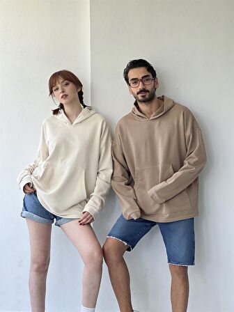 Retrobird Oversize Basic Kapüşonlu Sweatshirt Erkek Bej