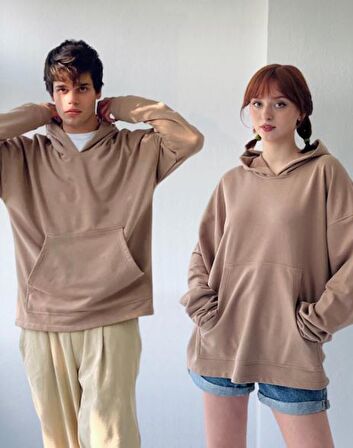 Retrobird Oversize Basic Kapüşonlu Sweatshirt Erkek Taba