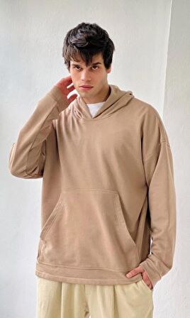 Retrobird Oversize Basic Kapüşonlu Sweatshirt Erkek Taba