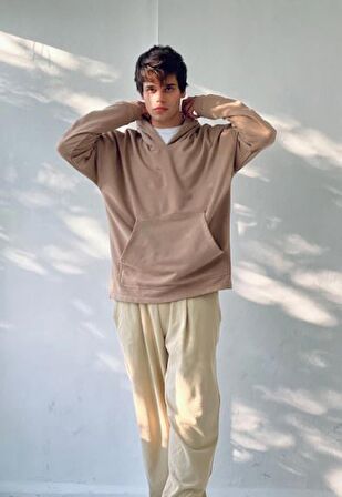 Retrobird Oversize Basic Kapüşonlu Sweatshirt Erkek Taba