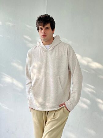 Retrobird Oversize Basic Kapüşonlu Sweatshirt Erkek Kırçıllı Bej