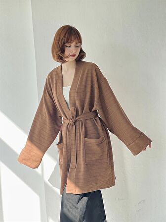 Retrobird Cepli Kışlık Hırka Kimono Unisex Kahverengi