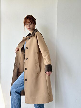 Retrobird Kadife Yaka İngiliz Stili Tasarım Trenchcoat Kadın Taba