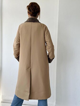 Retrobird Kadife Yaka İngiliz Stili Tasarım Trenchcoat Kadın Taba