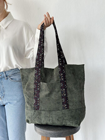 Retrobird Tasarım Kadife Tote Çanta Shopping Bag Kadın Hâkî