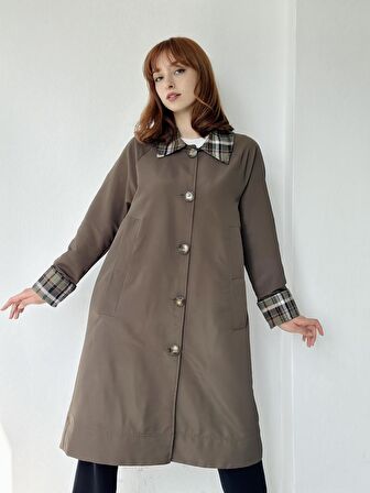 Retrobird Ekose Yaka İngiliz Stili Tasarım Trenchcoat Kadın Haki