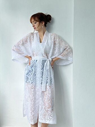 Retrobird Yakma Transparan Kumaş Kimono Kadın Beyaz