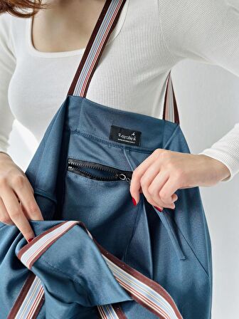 Retrobird Tasarım Parlak Yüzeyli Retro Desen Askılıklı  Tote Çanta Shopping Bag Kadın İndigo