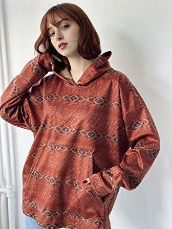 Retrobird Etnik Desen Örme Kumaş Oversize Kapüşonlu Sweatshirt Unisex Tarçın