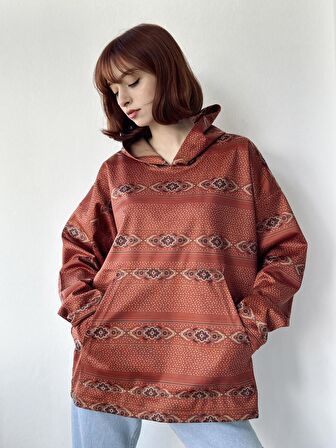 Retrobird Etnik Desen Örme Kumaş Oversize Kapüşonlu Sweatshirt Unisex Tarçın