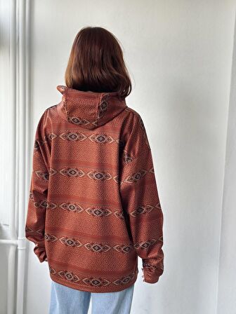 Retrobird Etnik Desen Örme Kumaş Oversize Kapüşonlu Sweatshirt Unisex Tarçın