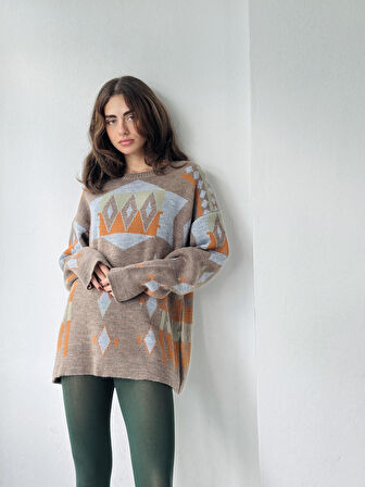 Retrobird Vintage Desenli Jakarlı Triko Kazak Kadın Kum