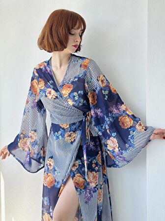 Retrobird Tasarım Kai Kimono Elbise Kadın Koyu Mavi