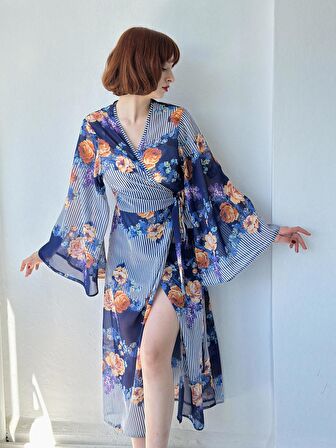 Retrobird Tasarım Kai Kimono Elbise Kadın Koyu Mavi