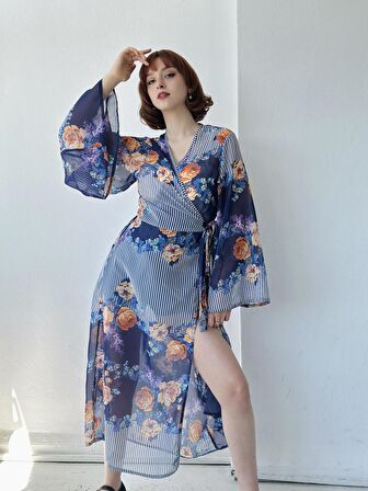 Retrobird Tasarım Kai Kimono Elbise Kadın Koyu Mavi