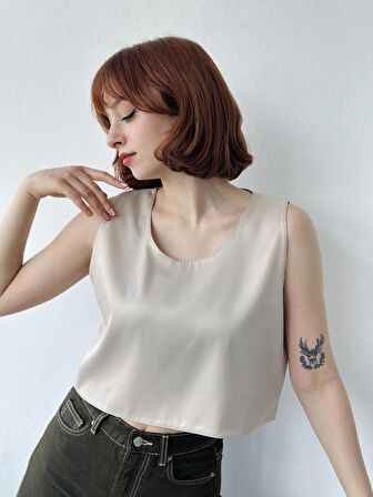 Retrobird Crop Basic Saten Atlet Bluz Kadın Krem