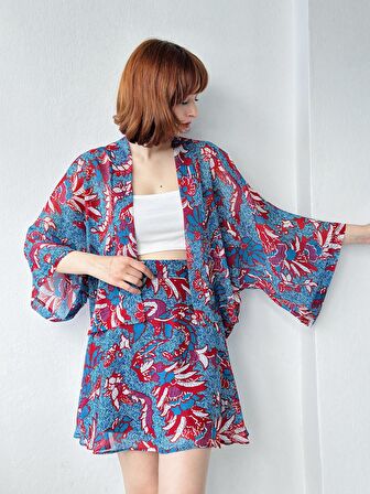 Retrobird Şal Desen Mini Kimono Kadın Mavi