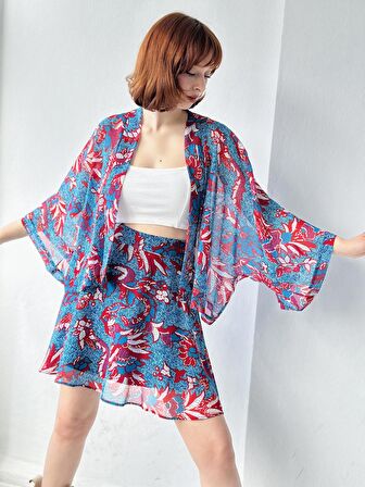 Retrobird Şal Desen Mini Kimono Kadın Mavi