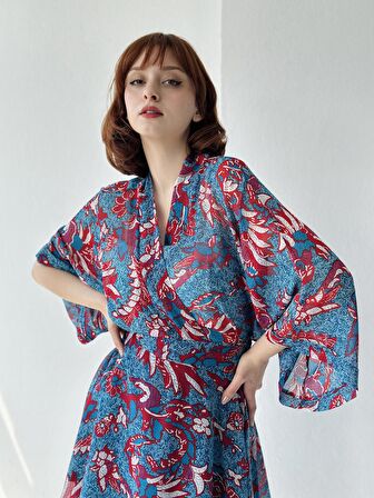 Retrobird Şal Desen Mini Kimono Kadın Mavi