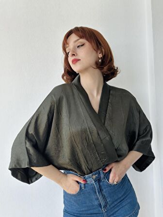 Retrobird Tasarım Mini Kimono Kadın Koyu Yeşil