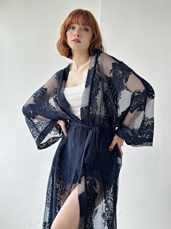 Retrobird Tasarım Dantel Kimono Kadın Lacivert