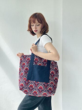 Retrobird Tasarım Kabartma Jakar Dokuma Tote Çanta Shopping Bag Kadın Çok Renkli