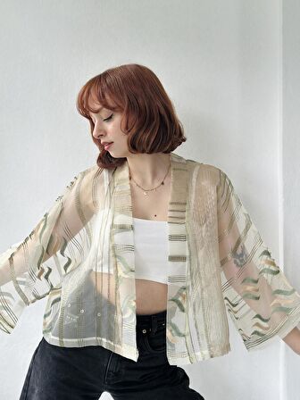 Retrobird Organze Tasarım Mini Kimono Kadın Çam Yeşili