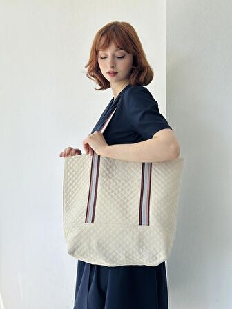 Retrobird Tasarım Kapitone Tote Çanta Shopping Bag Kadın Krem