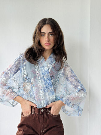 Retrobird Tasarım Organze Mini Kimono Kadın Mavi