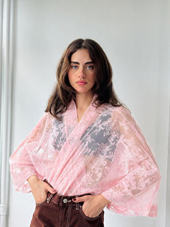 Retrobird Tasarım Organze Mini Kimono Kadın Pembe