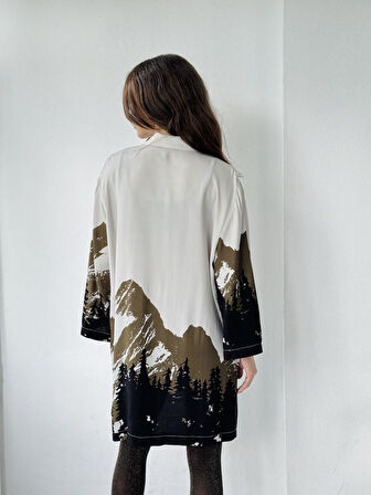 Retrobird Tasarım Dağ Desen Kimono Gömlek Ceket Kadın Açık Gri