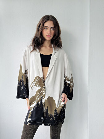 Retrobird Tasarım Dağ Desen Kimono Gömlek Ceket Kadın Açık Gri