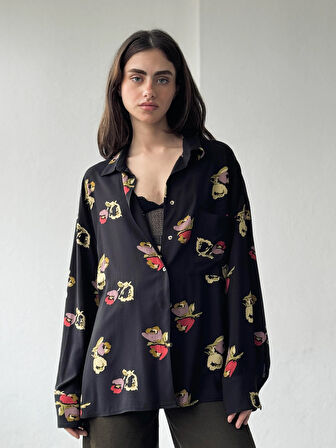 Retrobird Tasarım Boyfriend Vintage Desen Gömlek Kadın Çok Renkli