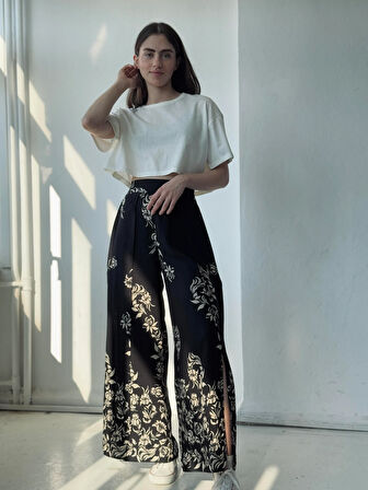 Retrobird YENİ Yırtmaç Detaylı Wide-Leg Pantolon Etek Kadın Siyah-Krem