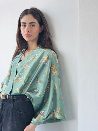 Retrobird Tasarım Saten Mini Kimono Kadın Çağla