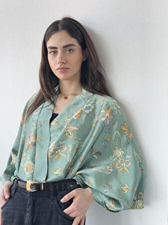 Retrobird Tasarım Saten Mini Kimono Kadın Çağla