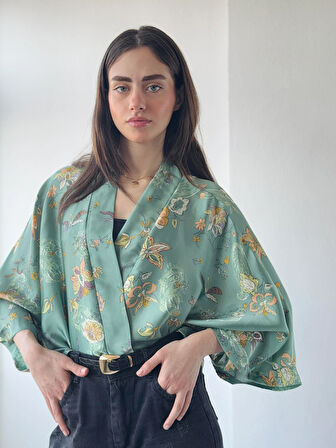 Retrobird Tasarım Saten Mini Kimono Kadın Çağla