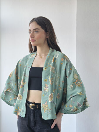 Retrobird Tasarım Saten Mini Kimono Kadın Çağla