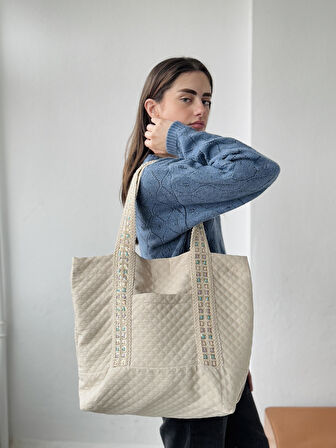 Retrobird Tasarım Kapitone Tote Çanta Shopping Bag Kadın Ekru