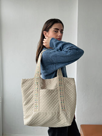 Retrobird Tasarım Kapitone Tote Çanta Shopping Bag Kadın Ekru