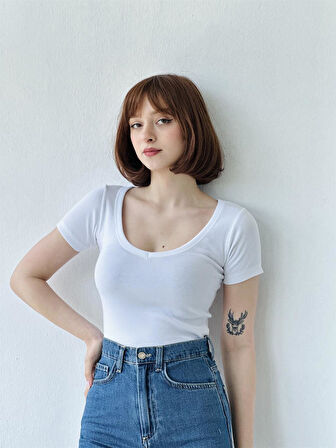 Retrobird Kaşkorse Hafif V Yaka Badi Crop Kadın Ekru