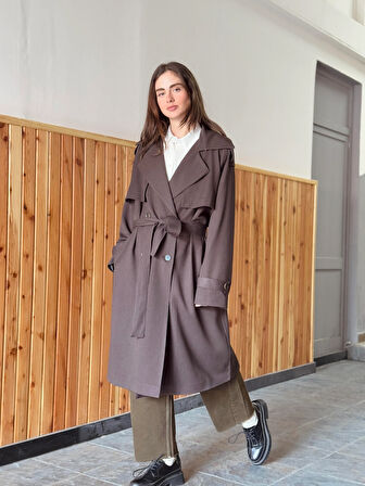 Retrobird Tasarım İngiliz Pelerin Model Trenchcoat Ceket Kadın Koyu Kahverengi