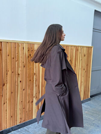 Retrobird Tasarım İngiliz Pelerin Model Trenchcoat Ceket Kadın Koyu Kahverengi