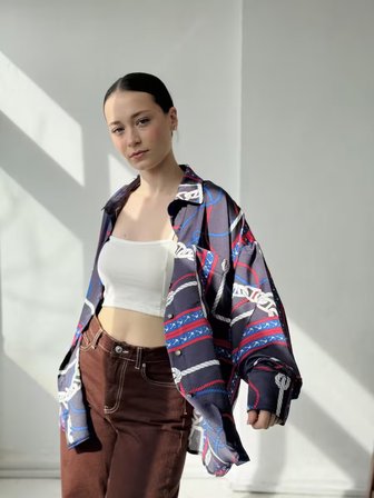 Retrobird Tasarım Desenli Boyfriend Gömlek Kadın Marlin