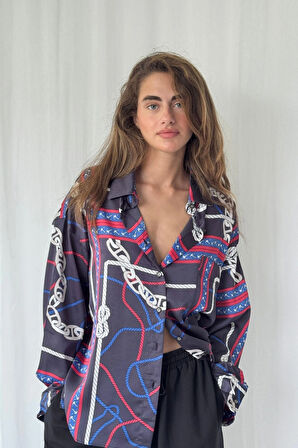 Retrobird Tasarım Desenli Boyfriend Gömlek Kadın Marlin