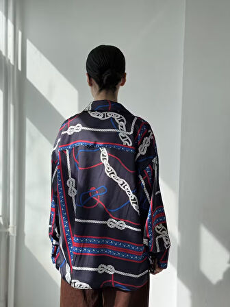 Retrobird Tasarım Desenli Boyfriend Gömlek Kadın Marlin