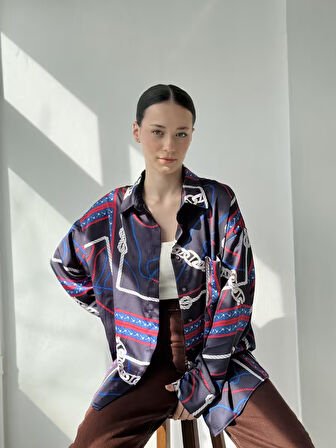 Retrobird Tasarım Desenli Boyfriend Gömlek Kadın Marlin