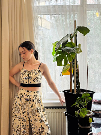 Retrobird Tasarım Önden Fermuarlı Büstiyer Kadın Krem-Siyah